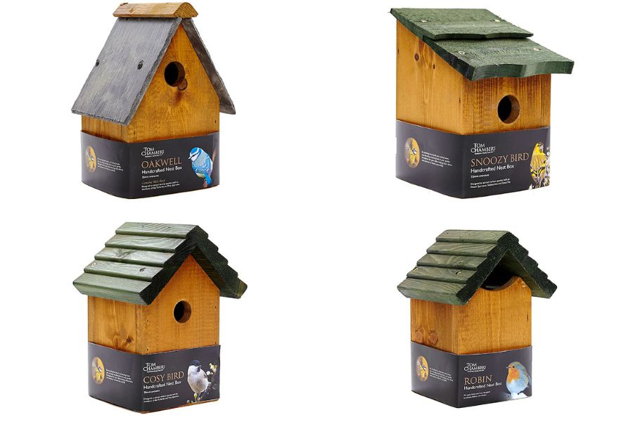 A selection of Tom Chamber nest boxes for different types and sizes of birds